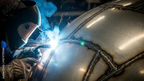 Industrial welder precision arc welding on curved stainless steel sphere with bright sparks.