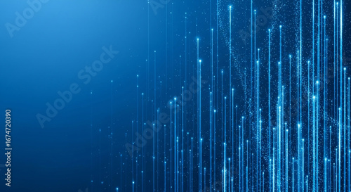 Blue vertical light lines with falling particles and smooth gradient, futuristic tech background perfect for data banners, network products, app headers and innovation stories