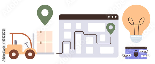 Forklift moving a box, location pins on a map with a route, lightbulb for ideas, and wallet. Ideal for logistics, transportation, innovation, technology shipping delivery e-commerce. Modern simple