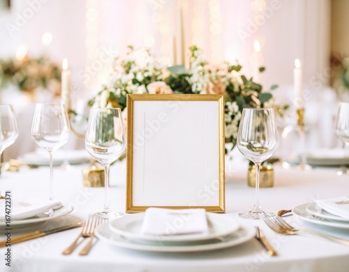 Elegant Wedding Table Mockup Blank Gold Frame Amidst Romantic Bokeh Lights.