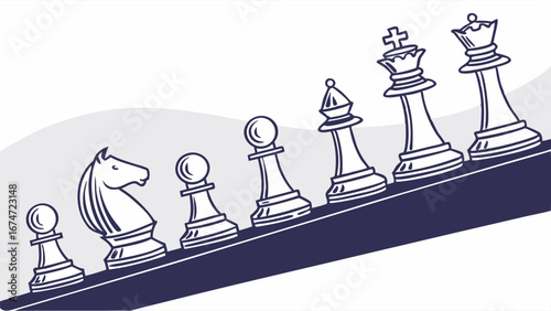 Line Art Chess Pieces Climbing Upward Path Representing Strategic Business Planning, Career Growth, and Leadership Development