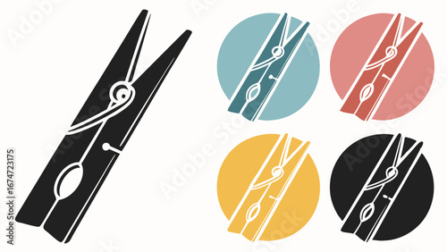 Clothespin Icon Set for Laundry and Home Organization. Colorful Clothes Peg Illustrations for Web Design, Cleaning, and DIY Projects. Simple Flat Style.