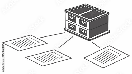 Filing Cabinet and Documents Illustration for Business Data Management System Secure Information Storage Record Keeping and Office Organization