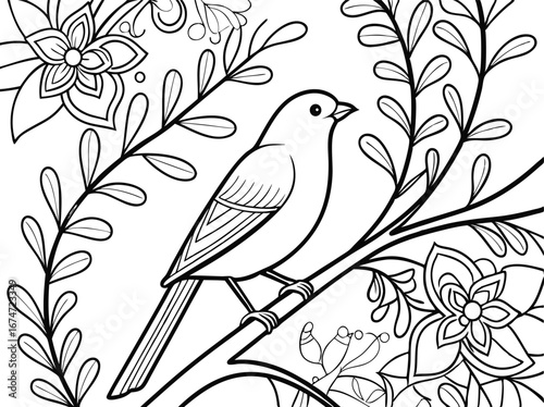 Elegant Bird Perched on a Branch Amidst Floral Designs A Coloring Page for Relaxation and Creative Expression