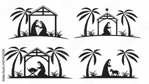 Christmas Nativity Scene Silhouettes Set with Holy Family Manger Palm Trees for Religious Holiday Cards and Church Marketing Materials