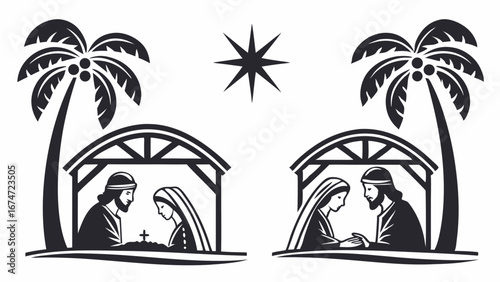 Traditional Christmas Nativity Scene Vector Illustration. Holy Family with Baby Jesus in Manger, Mary, Joseph, Star, Palm Trees. Peaceful Holiday Design.