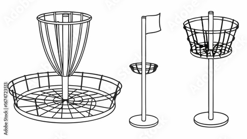 Disc Golf Baskets Targets Flag Pole Line Art for Outdoor Sports Recreation Game Equipment and Course Design Illustration