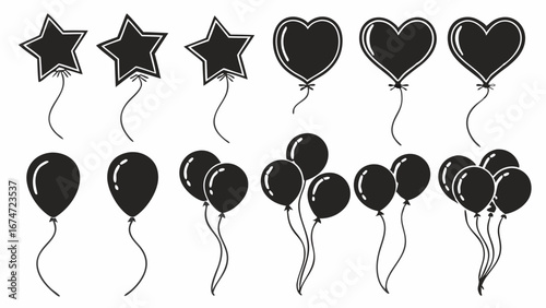 Elegant Black Party Balloons Vector Set with Star, Heart, and Oval Shapes for Celebrations, Events, and Graphic Design