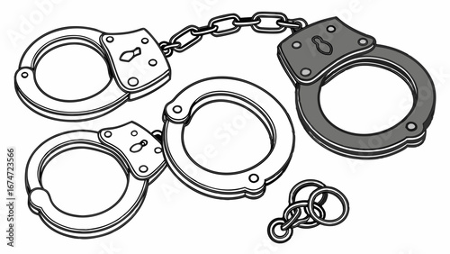 Three Pairs of Police Handcuffs Illustration. Law Enforcement, Crime, Justice, Security, Arrest, Legal System Symbol.