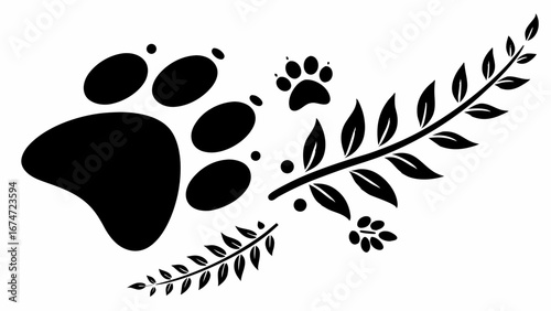 Paw Prints and Leafy Branches Silhouette for Pet Care, Animal Loyalty, Veterinary Clinic Branding and Memorial Design
