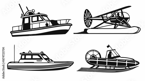 Travel and Adventure Design with Classic Marine and Aviation Vehicles Black and White Vector Illustration Set
