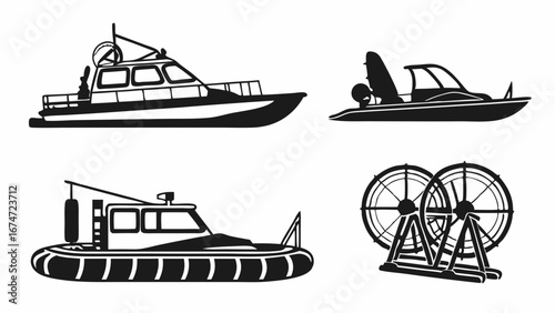 Marine Watercraft Vehicles Vector Set. Boat, Jet Ski, Hovercraft, and Nautical Equipment Silhouettes for Transport Design.