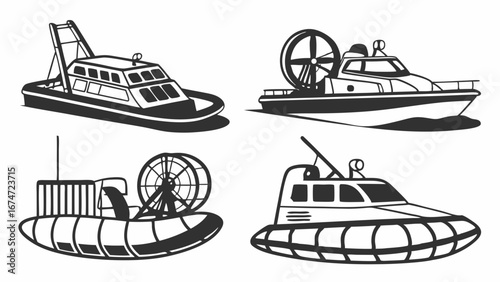 Collection of Modern Hovercraft and Air Cushion Vehicle Vector Illustrations for Advanced Transportation, Logistics, Rescue, and Future Design