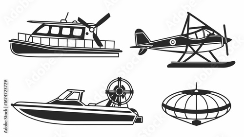 Explore Unique Transport Vehicles Illustration Set Seaplane Hovercraft Airboat Airship for Adventure Travel and Logistics Design