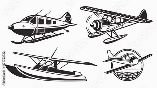 Vintage Seaplanes and Floatplanes Illustration. Retro Aviation Aircraft for Travel, Adventure, and Transport Design. Classic Monochrome Airplanes.