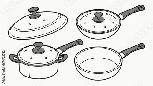 Line Art Kitchen Cookware Set Vector Illustration. Essential Cooking Pots and Pans for Home Meal Prep, Recipe Blogs, and Culinary Design