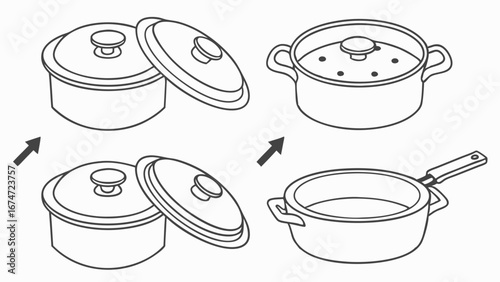 Cooking Pots and Pans Line Art Illustration Kitchen Cookware with Steamer for Home Food Preparation Culinary Design and Recipe Icons