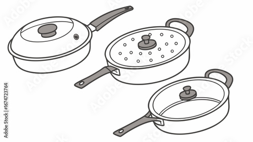 Kitchen Cookware Set Line Art. Modern Cooking Pans for Home Kitchens, Recipe Blogs, and Food Industry Design.