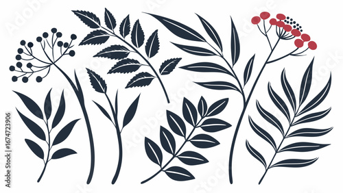 Modern Stylized Botanical Leaves and Berries Vector Set for Autumn Design. Nature Inspired Floral Graphic Elements for Branding, Web, Print, and Eco-Friendly Products.