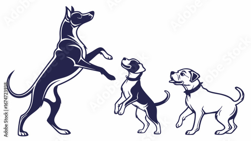 Diverse Dogs Playing and Training Together Pet Companionship and Animal Care Graphic Illustration