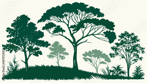 Growing Green Tree Silhouettes Vector Illustration. Diverse Forest Landscape for Nature, Environment, Ecology, Conservation, and Branding.