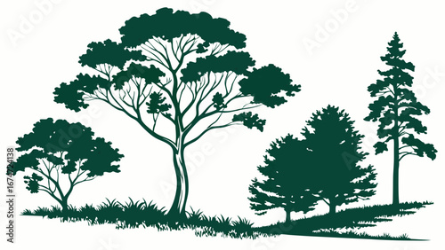 Green Tree Silhouettes Vector Illustration for Nature Conservation, Sustainable Design, and Environmental Branding Projects.