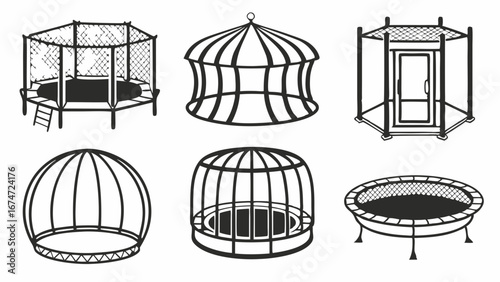 Diverse Trampoline and Safety Enclosure Illustrations for Kids Outdoor Play, Fitness Activities, Web Design, and Advertising.