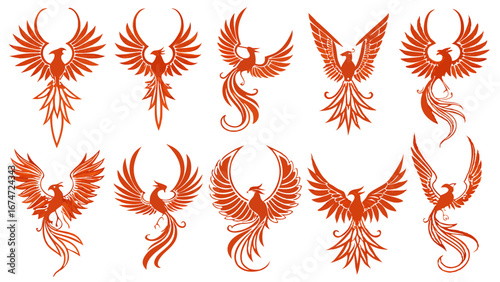 Phoenix Bird Vector Logos. Fiery Mythical Creature Set for Business Branding, Rebirth, Power, Strength, Renewal, and Dynamic Inspirational Design Elements