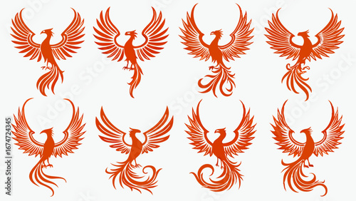 Powerful Phoenix Bird Vector Illustrations Set. Mythical Firebird Symbol of Rebirth, Strength, Success, and Growth for Business Logos and Graphic Design.