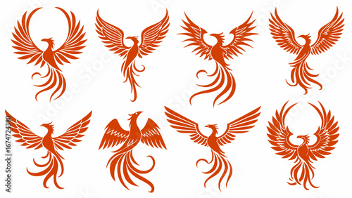 Phoenix Bird Vector Illustrations Set for Business Logos Branding Identity Design Mythical Firebird Symbol of Rebirth Strength Power Resilience
