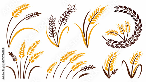 Golden Wheat Ears Vector Illustration Set for Bakery Food and Agriculture Branding Design Harvest Season Graphics Organic Cereal Grain Icons