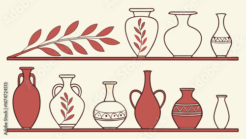 Collection of ancient style ceramic vases and pottery on shelves. Decorative red and white pots for home decor.