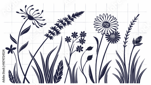 Beautiful wild flowers and grass silhouette vector set. Botanical garden plants and floral elements for spring summer nature design.