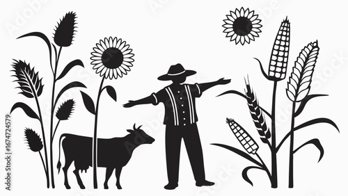 Farmer, cow, and various farm crops including corn, wheat, and sunflowers. Agriculture, farming, rural life, harvest scene.