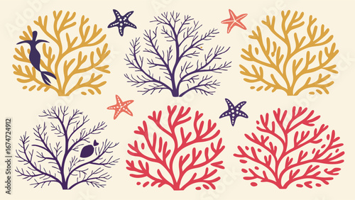 Underwater coral and marine plants vector set with starfish and seahorse. Ocean aquatic nature elements collection.
