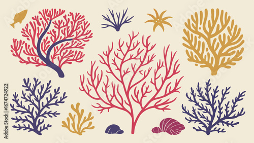Underwater marine life vector elements set. Colorful ocean coral, seaweed, and aquatic plants collection for design.