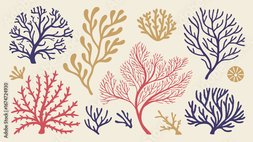 Colorful ocean coral and seaweed vector illustration set. Hand drawn marine plants collection.