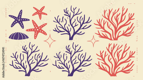 Underwater marine life collection with starfish, coral, and seashell elements. Ocean sea creatures and plants vector illustration set.