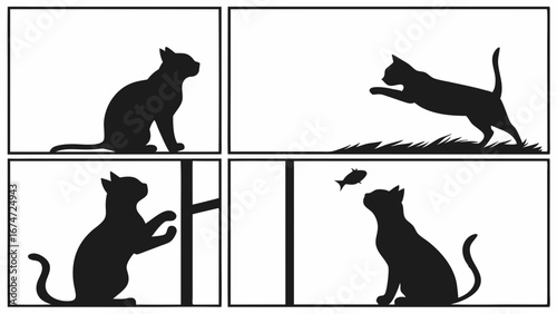 Black cat silhouette set. Playful domestic feline pet actions. Jumping, sitting, scratching, looking. Animal graphic design.