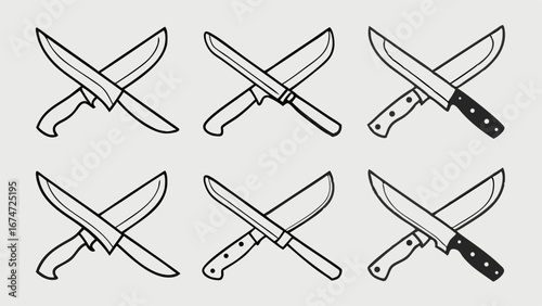 Crossed kitchen knives vector set. Outline chef knife collection for cooking, food, restaurant, and culinary designs.
