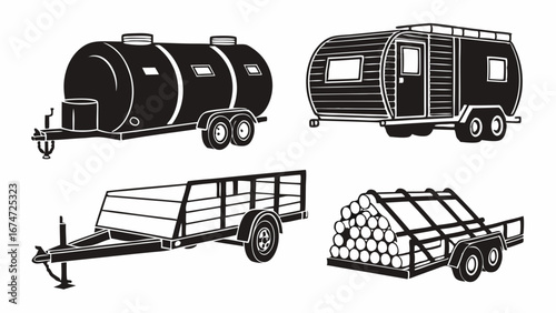 Trailer set vector illustration. Utility, cargo, tank, travel, and log trailers. Hauling and transport equipment collection.