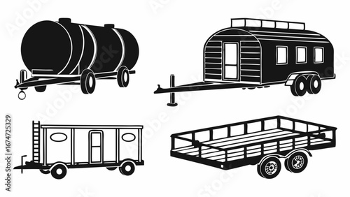Collection of various types of trailers including tank, travel, utility, and flatbed trailers. Transport and hauling vehicles.