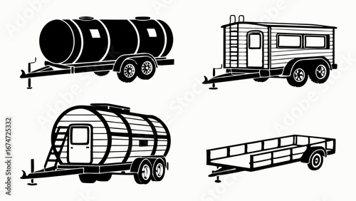 Types of trailers: tank, cargo, flatbed, and utility for hauling and transport. Black and white vector illustration.