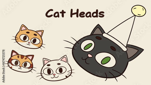 Cute funny cartoon vector kitten heads illustration set. Adorable pet animals with various colors, one wearing a party hat.