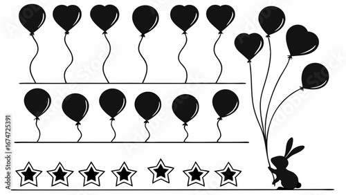 Cute bunny holding balloons. Black and white silhouette illustration with stars for kids birthday party and celebration.