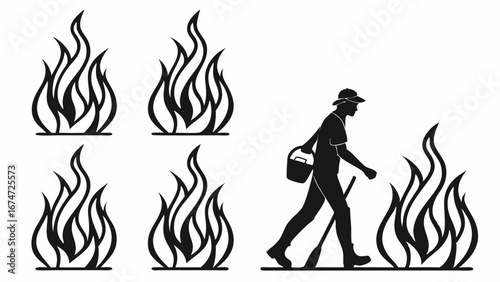 Firefighter and fire icons silhouette. Wildfire, forest fire, flames, danger, prevention, emergency. Firefighting vector art.