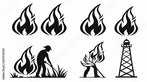 Fire, Flame, Wildfire, Firefighter, Oil Rig Icons Set. Energy, Danger, Safety, Oil and Gas, Industrial Hazard Symbols.