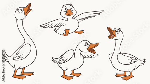 Funny Cartoon Geese and Ducks Set. Cute White Farm Birds with Various Expressions and Poses. Animal Character Collection.