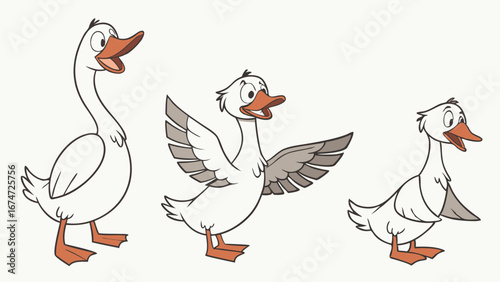 Cute cartoon white geese group illustration. Happy farm birds walking, flying, and standing. Funny animal character vector.