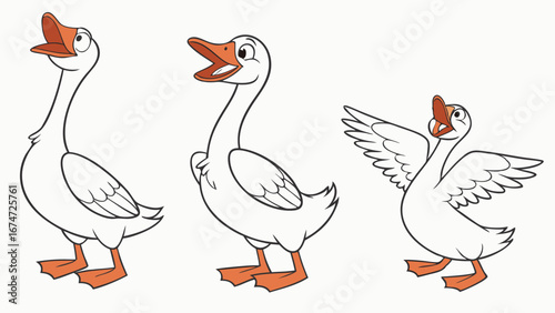 Cartoon illustration of three white geese honking loudly. Farm animals making noise, calling out. Domestic waterfowl birds.